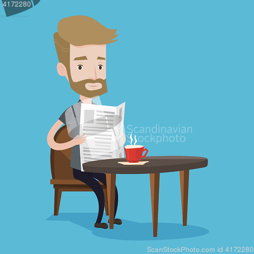 Image of Man reading newspaper and drinking coffee.