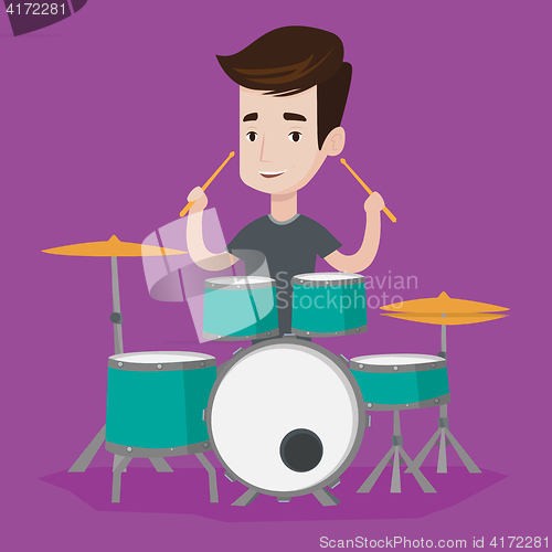 Image of Man playing on drum kit vector illustration.