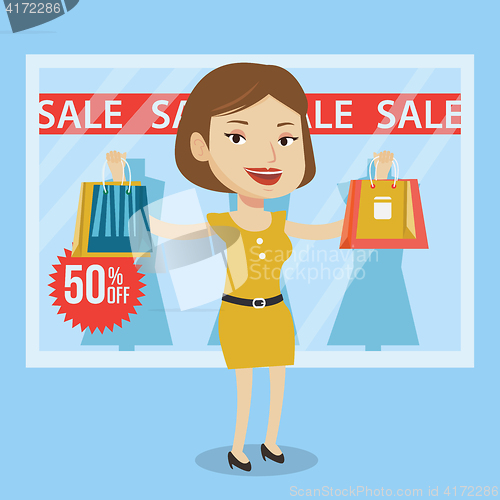 Image of Woman shopping on sale vector illustration.