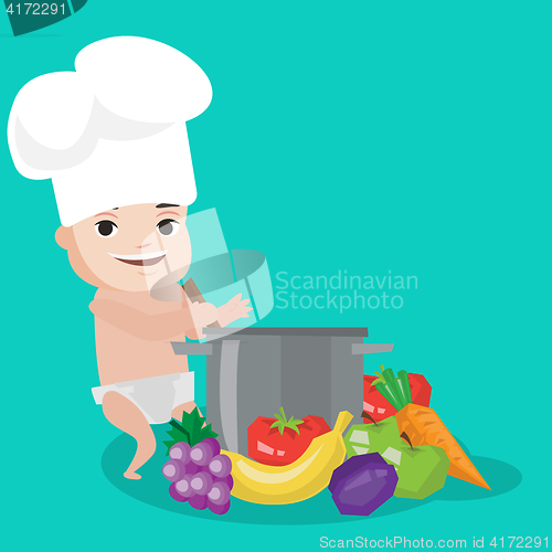 Image of Baby in chef hat cooking healthy meal.