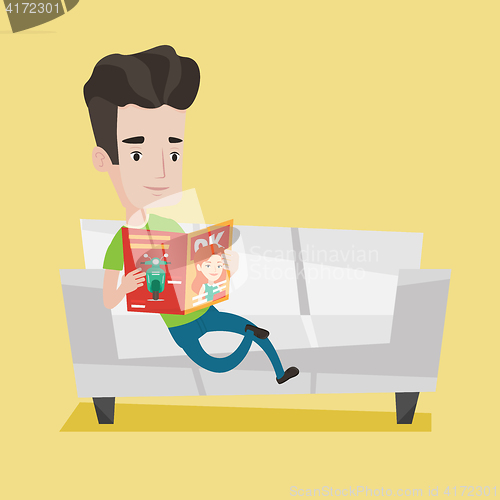 Image of Man reading magazine on sofa vector illustration.