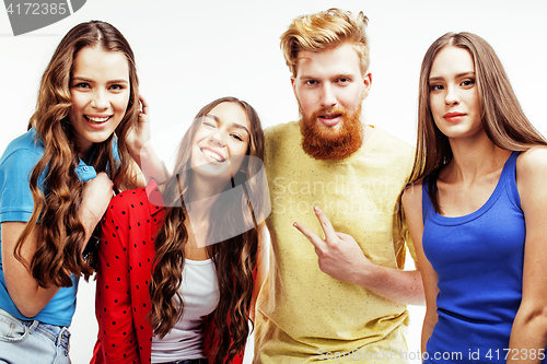Image of company of hipster guys, bearded red hair boy and girls students having fun together friends, diverse fashion style, lifestyle people concept isolated on white background