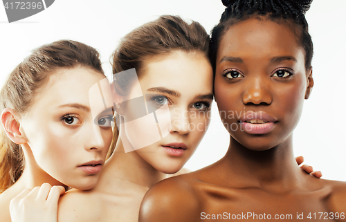 Image of different nation woman: african-american, caucasian together isolated on white background happy smiling, diverse type on skin, lifestyle real people concept 