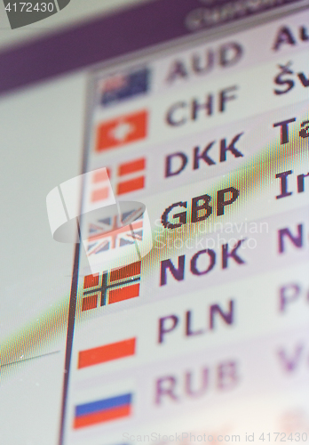 Image of digital display with currency exchange rates