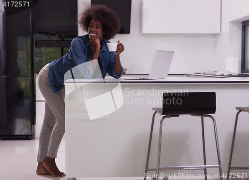 Image of smiling black woman in modern kitchen