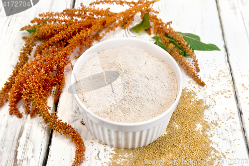 Image of Flour amaranth in white bowl with flower on board