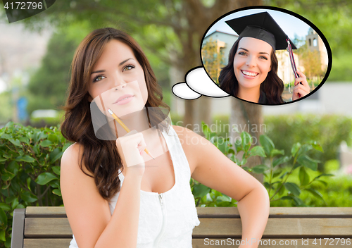 Image of Thoughtful Young Woman with Herself as a Graduate Inside Thought