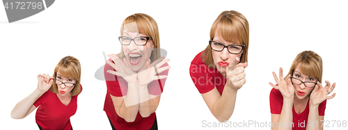 Image of Set of Female Caucasian with Goofy Expressions Isolated on a Whi