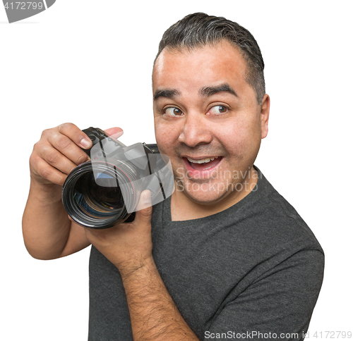 Image of Goofy Hispanic Young Male With DSLR Camera Isolated on a White B