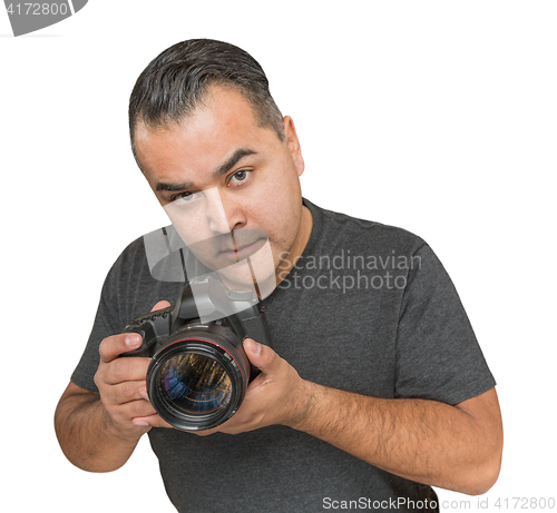 Image of Handsome Hispanic Young Male With DSLR Camera Isolated on a Whit