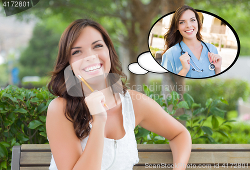 Image of Thoughtful Young Woman with Herself as a Doctor or Nurse Inside 