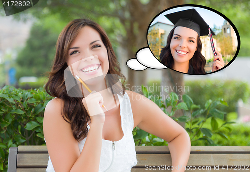 Image of Thoughtful Young Woman with Herself as a Graduate Inside Thought