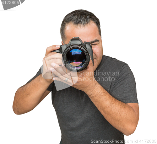 Image of Handsome Hispanic Young Male With DSLR Camera Isolated on a Whit