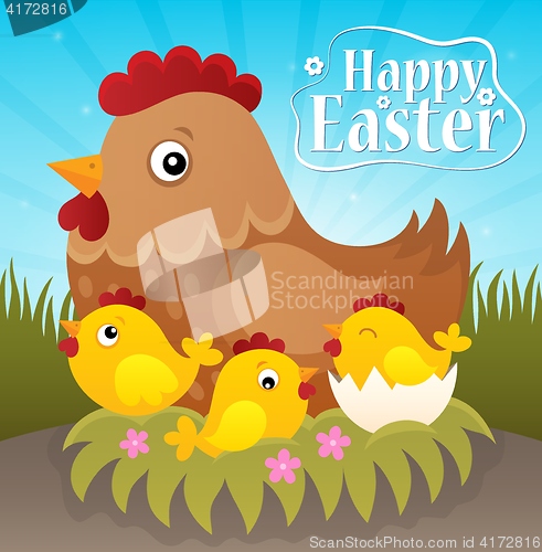 Image of Happy Easter theme with hen and chickens