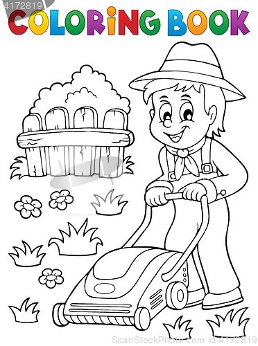 Image of Coloring book gardener with lawn mower