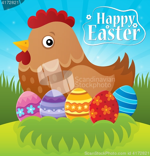 Image of Happy Easter theme with hen and eggs