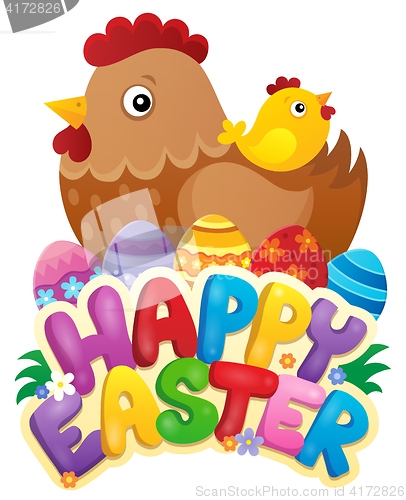 Image of Happy Easter sign with hen and chicken