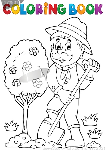 Image of Coloring book gardener planting tree