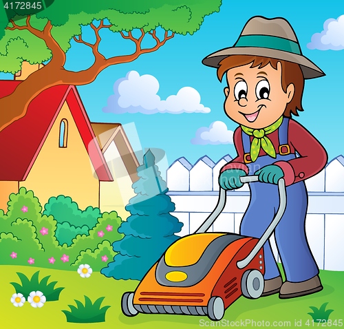 Image of Gardener with lawn mower theme image 2