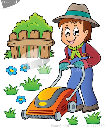 Image of Gardener with lawn mower theme image 1