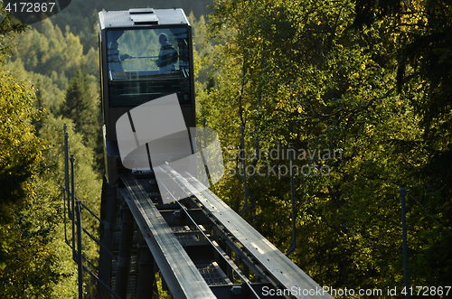 Image of funicular railway over the autumn forest