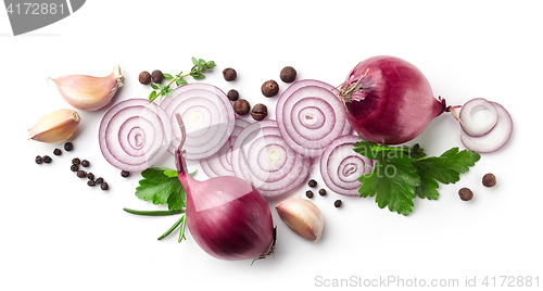 Image of red onions, garlic and various spices on white background