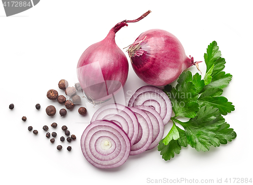 Image of red onions and parsley on white background