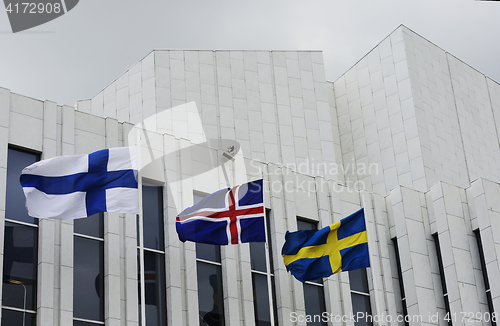 Image of waving Finnish, Swedish, Icelandic flags against of Finlandia Ha