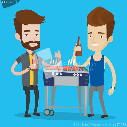 Image of Caucasian friends having fun at barbecue party.