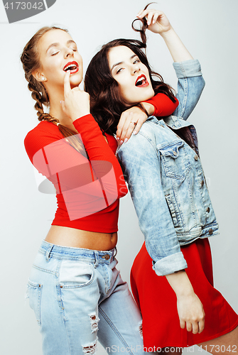 Image of best friends teenage girls together having fun, posing emotional on white background, besties happy smiling, lifestyle people concept 