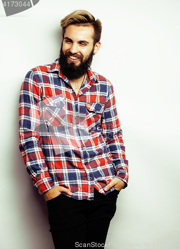 Image of portrait of young bearded hipster guy smiling on white background close up isolated, lifestyle real people concept