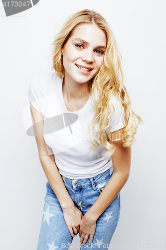 Image of young pretty blond teenage girl emotional posing, happy smiling isolated on white background, lifestyle people concept 