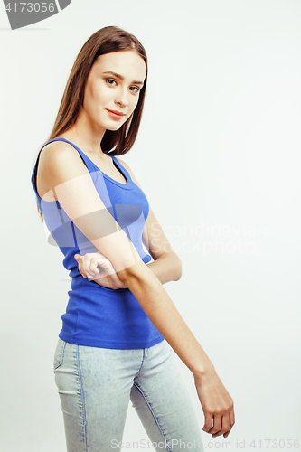 Image of young pretty brunette woman posing emotional isolated on white background thinking, lifestyle people concept