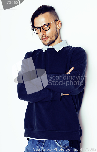 Image of portrait of young bearded hipster guy smiling on white background close up isolated, lifestyle real people concept