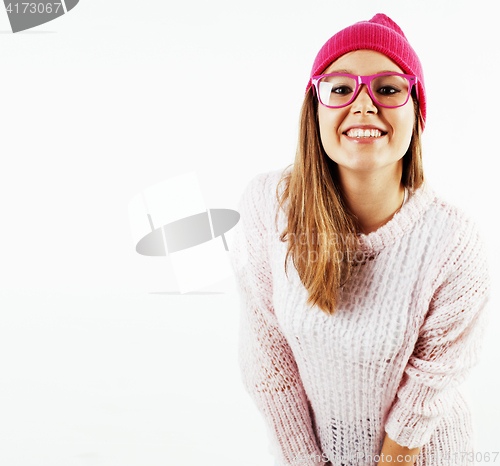 Image of young pretty teenage hipster girl posing emotional happy smiling on white background, lifestyle people concept