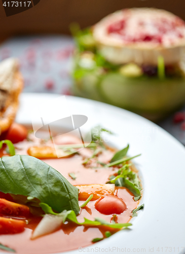 Image of close up of gazpacho soup at restaurant