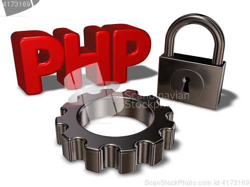 Image of php tag, padlock and cogwheel - 3d illustration