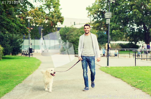 Image of happy man with labrador dog walking in city