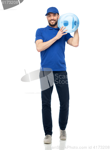 Image of happy delivery man with bottle of water