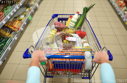 Image of woman with food in shopping cart at supermarket