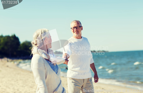 Image of happy senior couple holding hands on summer beach
