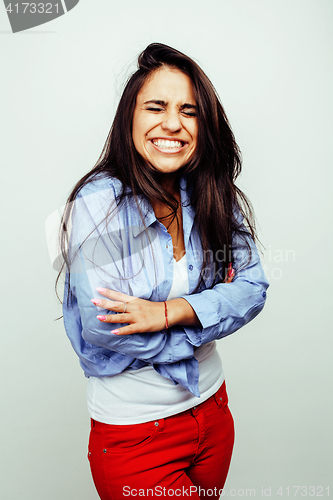 Image of young happy smiling latin american teenage girl emotional posing on white background, lifestyle people concept 