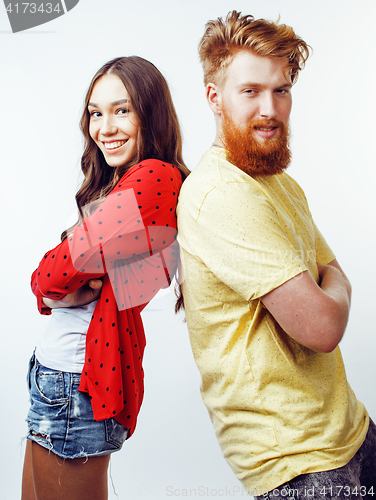 Image of young pretty teenage couple, hipster guy with his girlfriend happy smiling and hugging isolated on white background, lifestyle people concept 