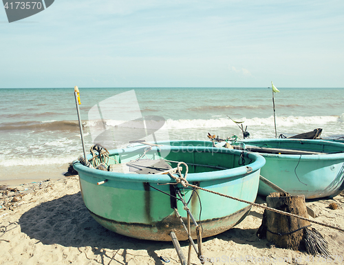 Image of  lot of fishermens boats at seacoast sunrise horisont sea