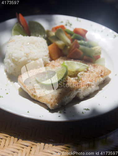 Image of fresh fish fillet with garlic lime rice Central American vegetab