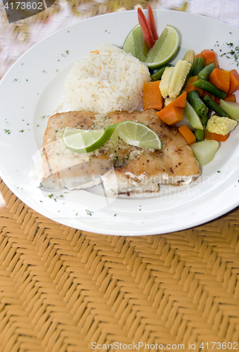 Image of fresh fish fillet with garlic lime rice Central American vegetab