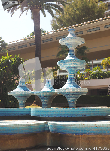 Image of scupture art work of tiles on fountain in park Monte Carlo Monac