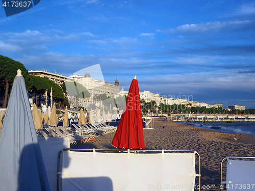 Image of beach and famous hotels along Promenade de la Croisette Cannes F