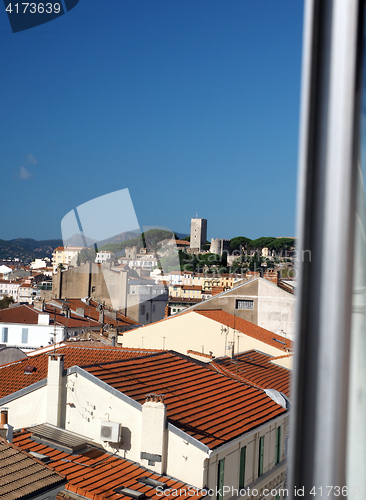 Image of Cannes France French Riviera rooftop view of tile roof and old t