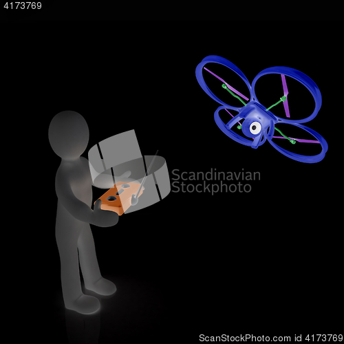 Image of 3d man with drone, quadrocopter, with photo camera. 3d render. 3